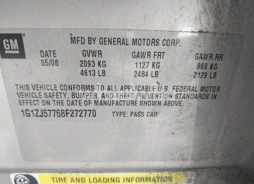 Photo 9 of 2008 Chevrolet Malibu LT (VIN 1G1ZJ57768F272770)