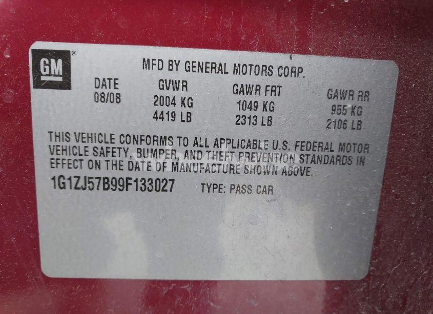 Photo 9 of 2009 Chevrolet Malibu LT (VIN 1G1ZJ57B99F133027)