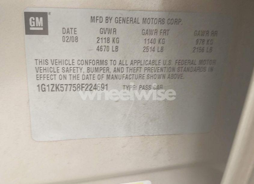 Photo 9 of 2008 Chevrolet Malibu LTZ (VIN 1G1ZK57758F224691)