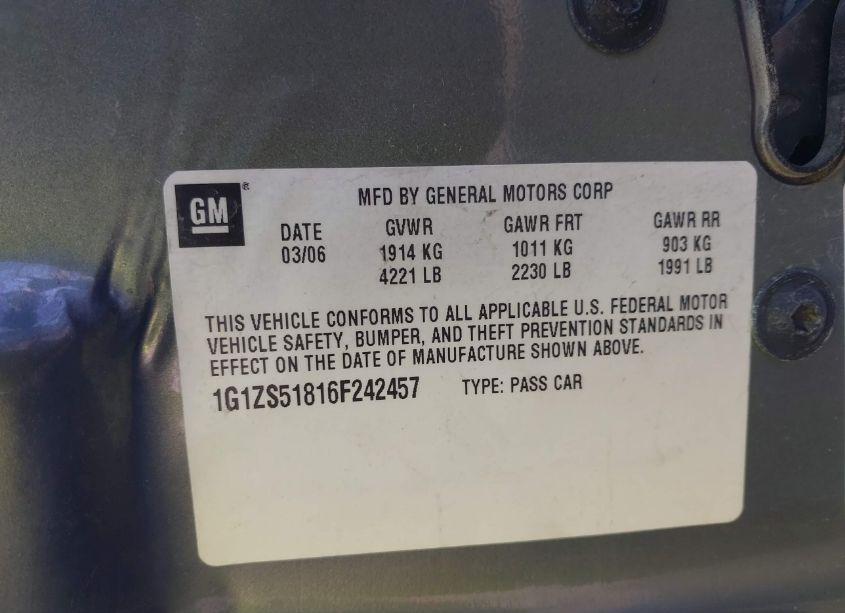 Photo 9 of 2006 Chevrolet Malibu LS (VIN 1G1ZS51816F242457)