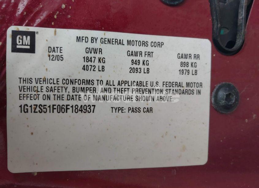 Photo 9 of 2006 Chevrolet Malibu LS (VIN 1G1ZS51F06F184937)