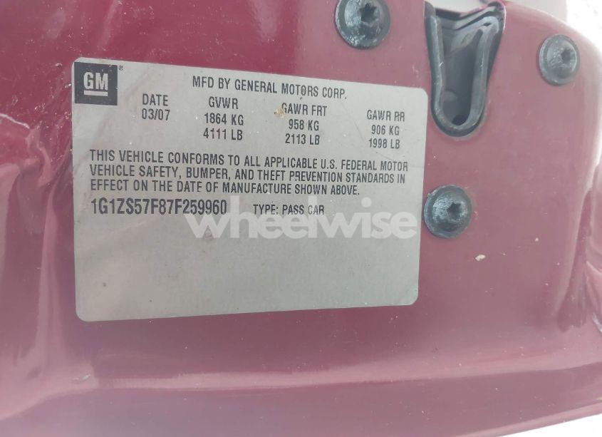 Photo 9 of 2007 Chevrolet Malibu LS (VIN 1G1ZS57F87F259960)