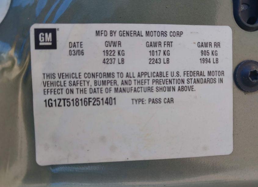 Photo 9 of 2006 Chevrolet Malibu LT (VIN 1G1ZT51816F251401)