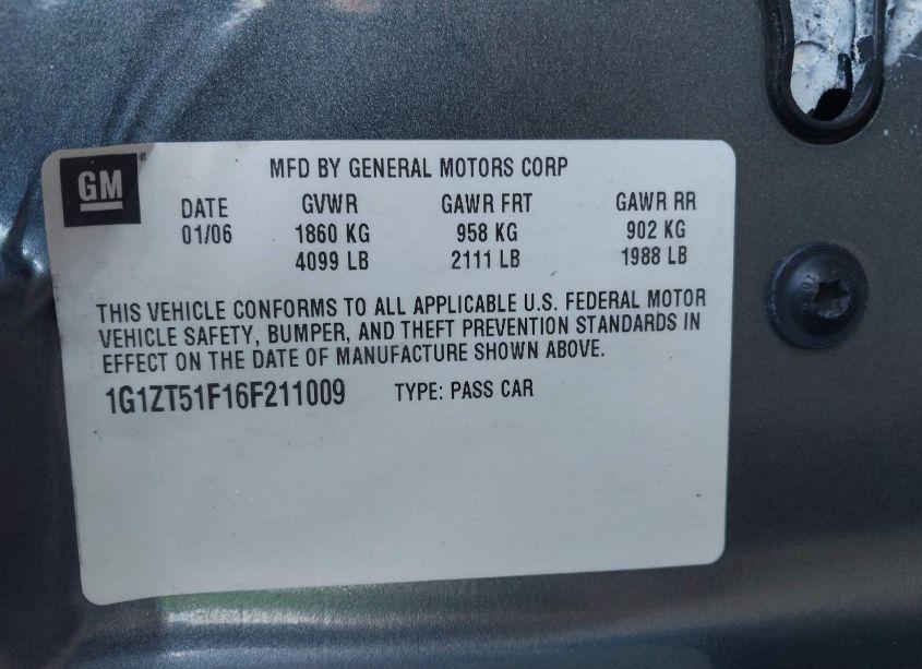 Photo 9 of 2006 Chevrolet Malibu LT (VIN 1G1ZT51F16F211009)