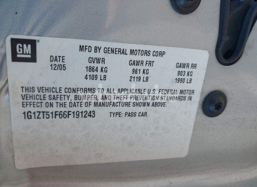 Photo 9 of 2006 Chevrolet Malibu LT (VIN 1G1ZT51F66F191243)