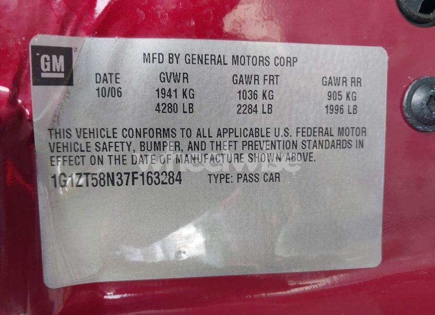 Photo 9 of 2007 Chevrolet Malibu LT (VIN 1G1ZT58N37F163284)