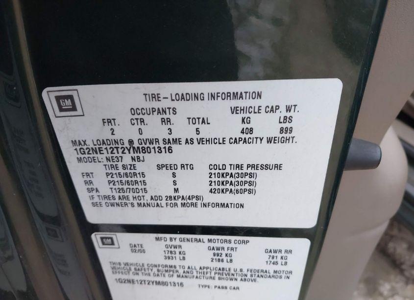 Photo 9 of 2000 Pontiac Grand AM SE (VIN 1G2NE12T2YM801316)