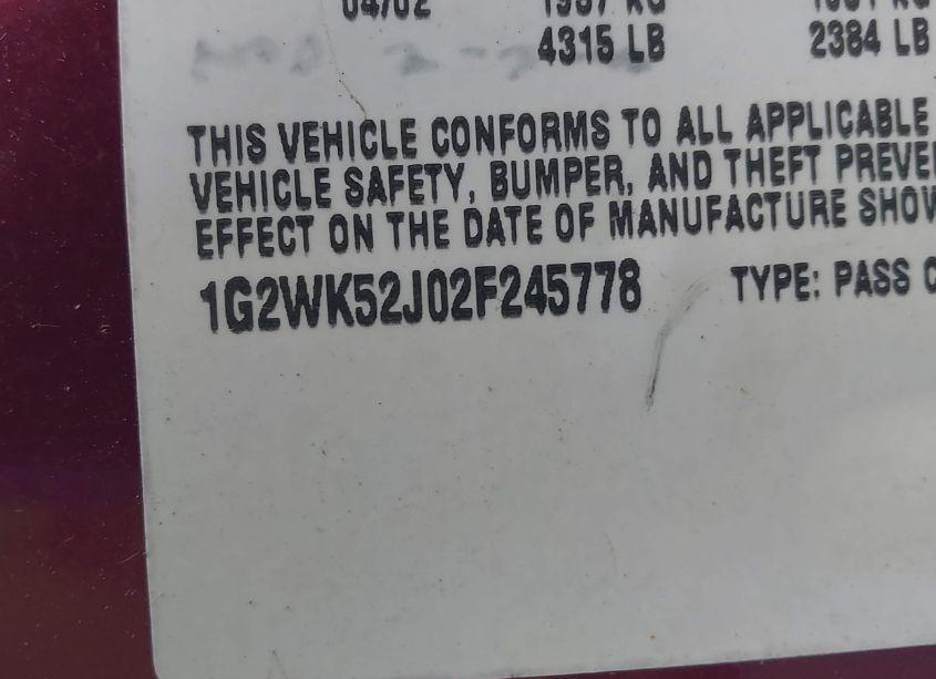 Photo 9 of 2002 Pontiac Grand PRIX SE (VIN 1G2WK52J02F245778)
