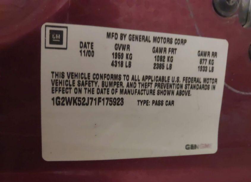 Photo 9 of 2001 Pontiac Grand PRIX SE (VIN 1G2WK52J71F175923)