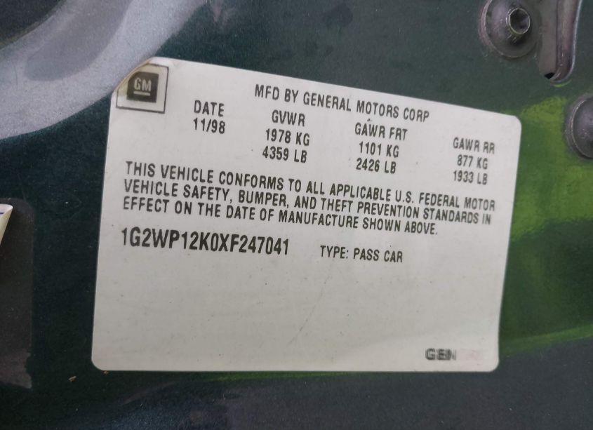 Photo 9 of 1999 Pontiac Grand PRIX GT (VIN 1G2WP12K0XF247041)