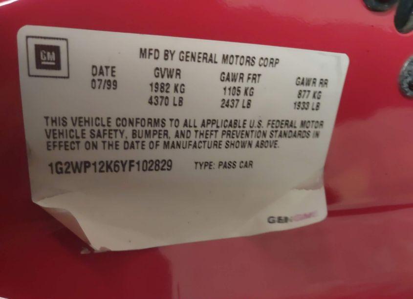 Photo 9 of 2000 Pontiac Grand PRIX GT (VIN 1G2WP12K6YF102829)