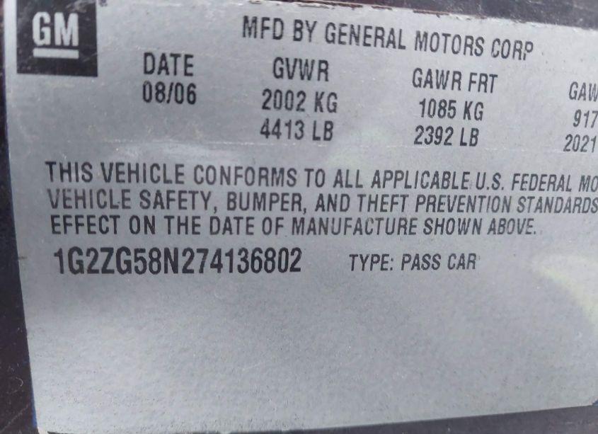 Photo 9 of 2007 Pontiac G6 (VIN 1G2ZG58N274136802)