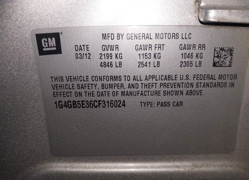 Photo 9 of 2012 Buick Lacrosse CONVENIENCE GROUP (VIN 1G4GB5E36CF316024)
