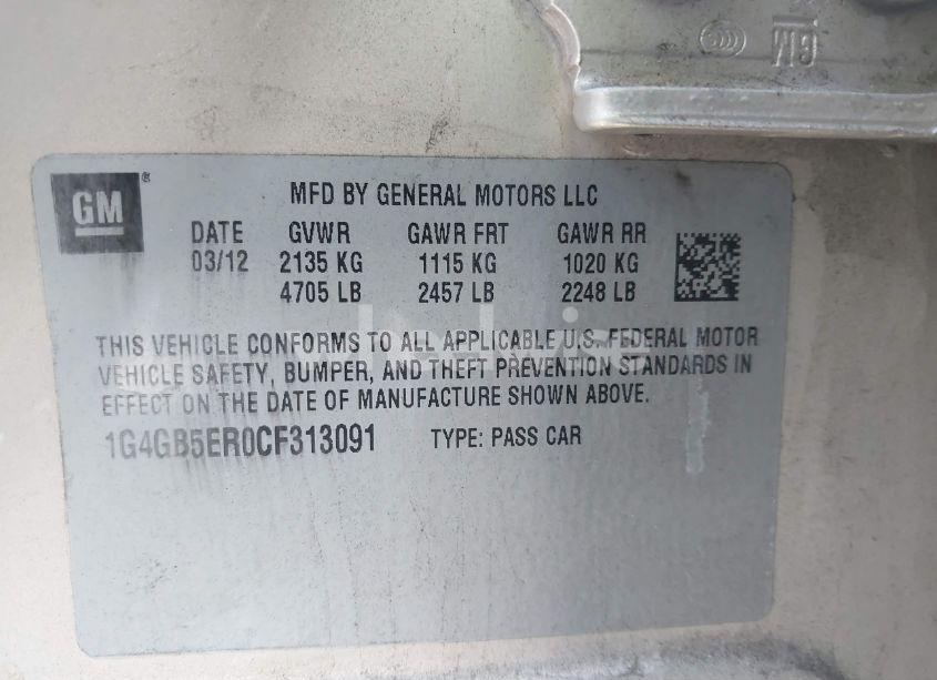 Photo 9 of 2012 Buick Lacrosse CONVENIENCE GROUP (VIN 1G4GB5ER0CF313091)