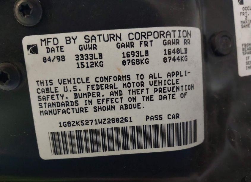 Photo 9 of 1998 Saturn Sl2 N/A (VIN 1G8ZK5271WZ280261)