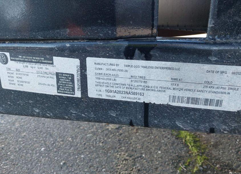 Photo 9 of 2022 Triple G 20FT AIR RIDE CAR HAUL (VIN 1G91A2023NA589163)