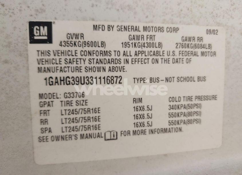 Photo 9 of 2003 Chevrolet Express (VIN 1GAHG39U331116872)