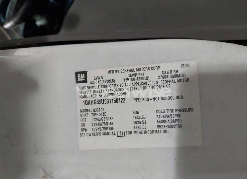 Photo 9 of 2003 Chevrolet Express (VIN 1GAHG39U931150122)