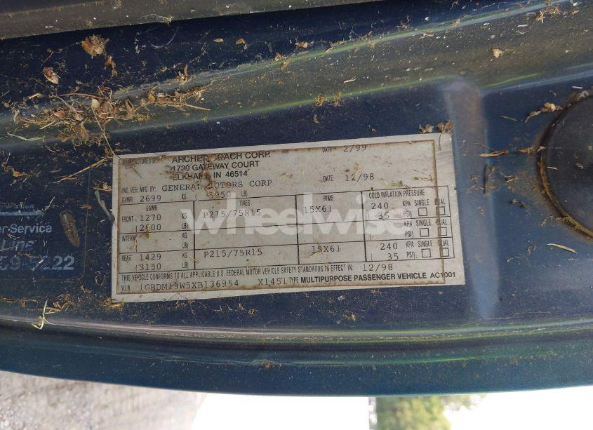 Photo 9 of 1999 Chevrolet Astro UPFITTER PKG. (VIN 1GBDM19W5XB136954)