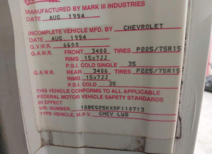 Photo 9 of 1995 Chevrolet G20 (VIN 1GBEG25KXSF110713)