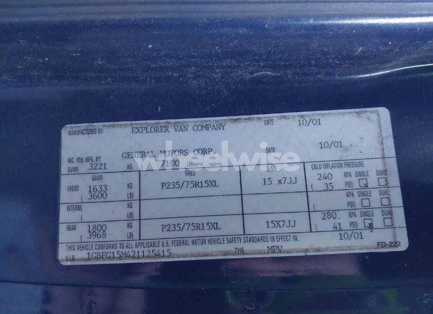 Photo 9 of 2002 Chevrolet Express (VIN 1GBFG15M421125415)