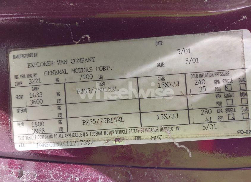 Photo 9 of 2001 Chevrolet Express UPFITTER (VIN 1GBFG15R411217392)