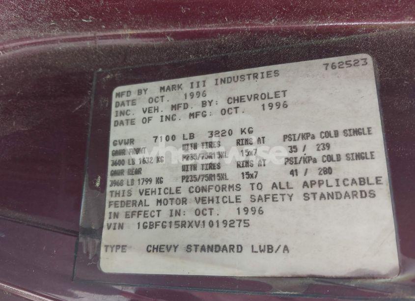 Photo 9 of 1997 Chevrolet Chevy VAN YF7 UPFITTER PKG. (VIN 1GBFG15RXV1019275)