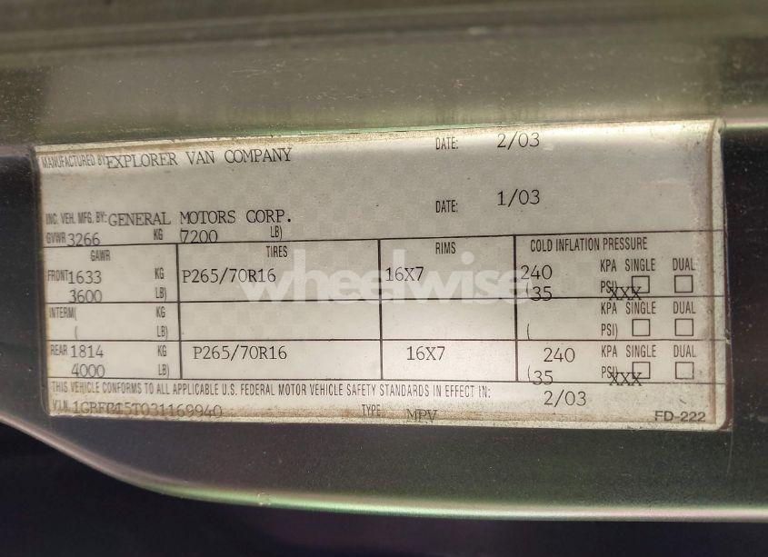 Photo 9 of 2003 Chevrolet Express UPFITTER (VIN 1GBFG15T031169940)