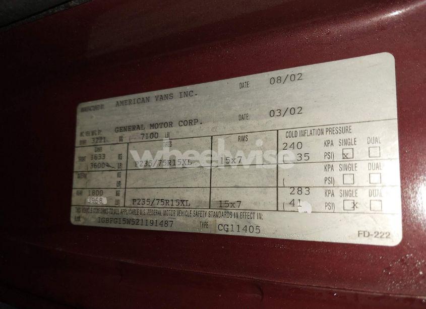 Photo 9 of 2002 Chevrolet Express (VIN 1GBFG15W521191487)