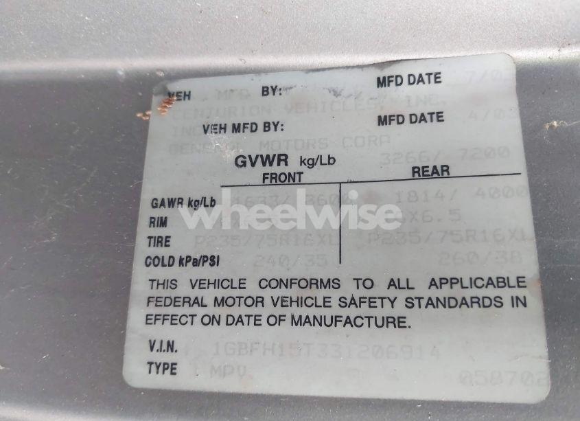 Photo 9 of 2003 Chevrolet Express UPFITTER (VIN 1GBFH15T331206914)