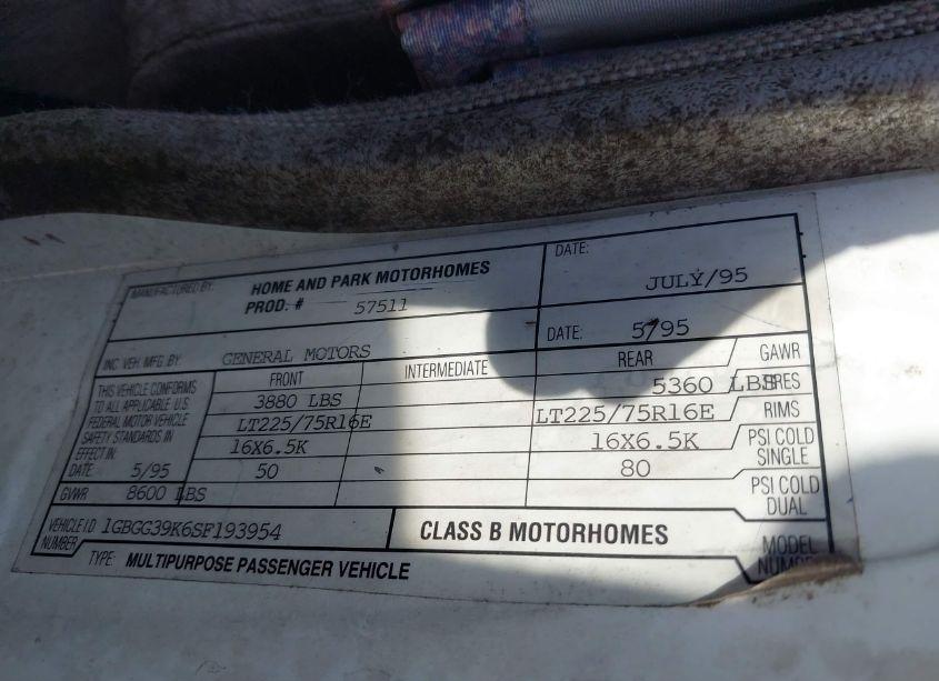 Photo 9 of 1995 Chevrolet G30 (VIN 1GBGG39K6SF193954)