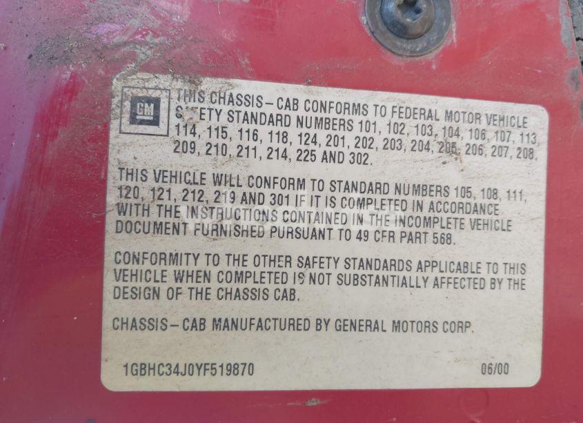 Photo 9 of 2000 Chevrolet C3500 CHASSIS (VIN 1GBHC34J0YF519870)