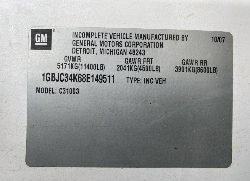 Photo 9 of 2008 Chevrolet Silverado 3500HD CHASSIS WORK TRUCK (VIN 1GBJC34K68E149511)