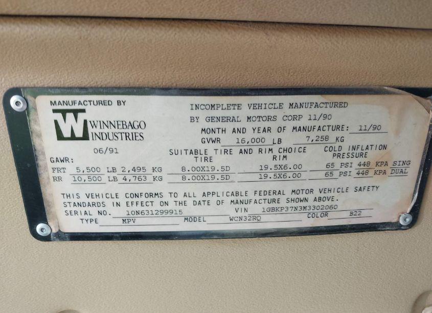 Photo 9 of 1991 Chevrolet P30 (VIN 1GBKP37N3M3302060)