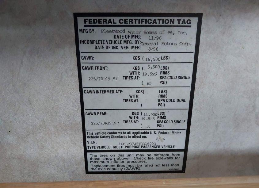 Photo 9 of 1996 Chevrolet P30 (VIN 1GBLP37J6T3316003)