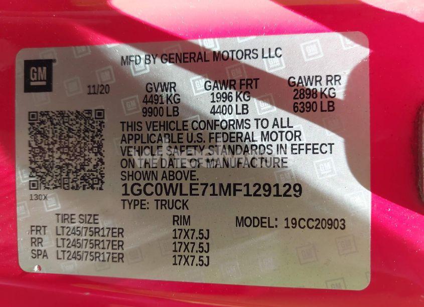 Photo 9 of 2021 Chevrolet Silverado 2500HD 2WD LONG BED WT (VIN 1GC0WLE71MF129129)