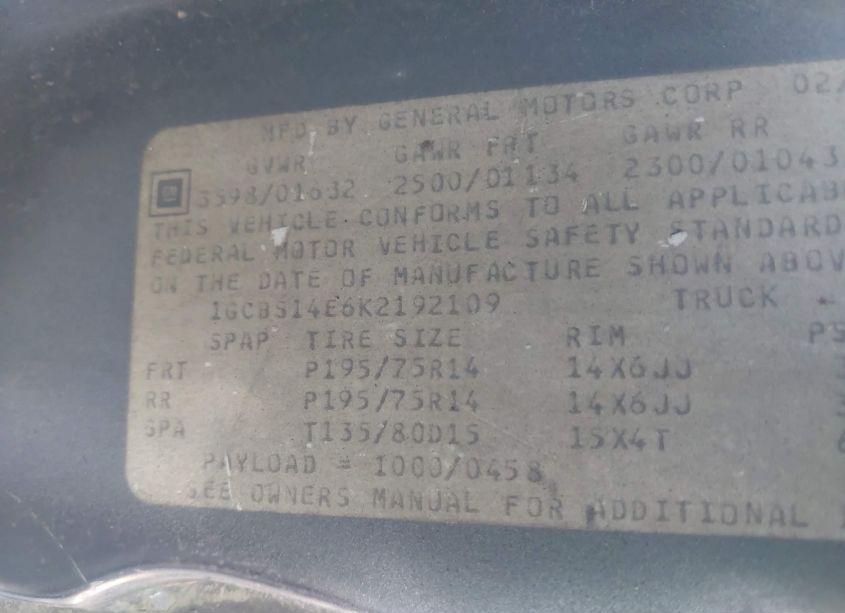 Photo 9 of 1989 Chevrolet S TRUCK S10 (VIN 1GCBS14E6K2192109)