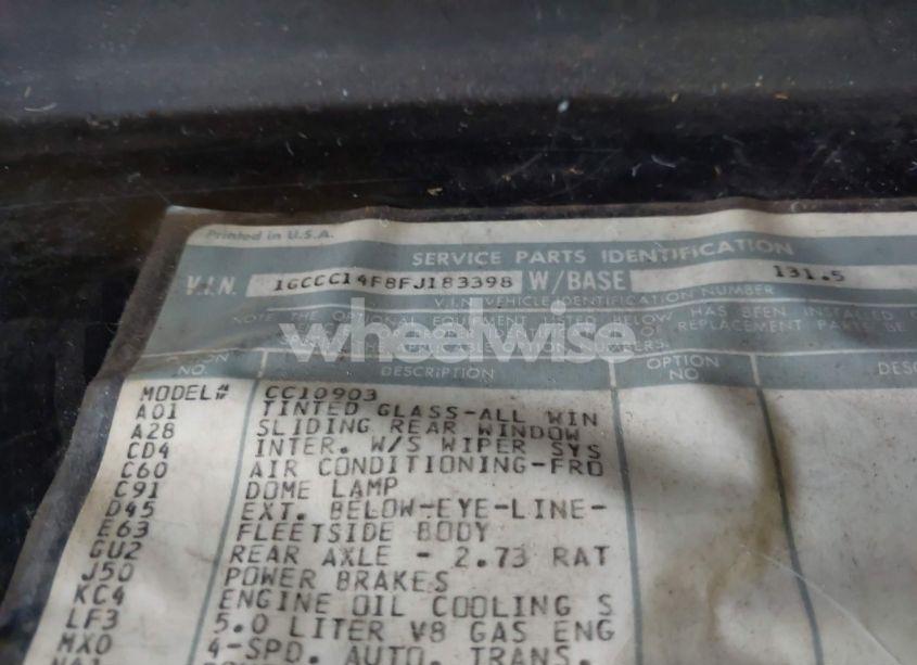 Photo 9 of 1985 Chevrolet C10 (VIN 1GCCC14F8FJ183398)