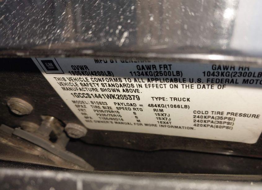 Photo 9 of 1998 Chevrolet S-10 LS FLEETSIDE (VIN 1GCCS1441WK205379)