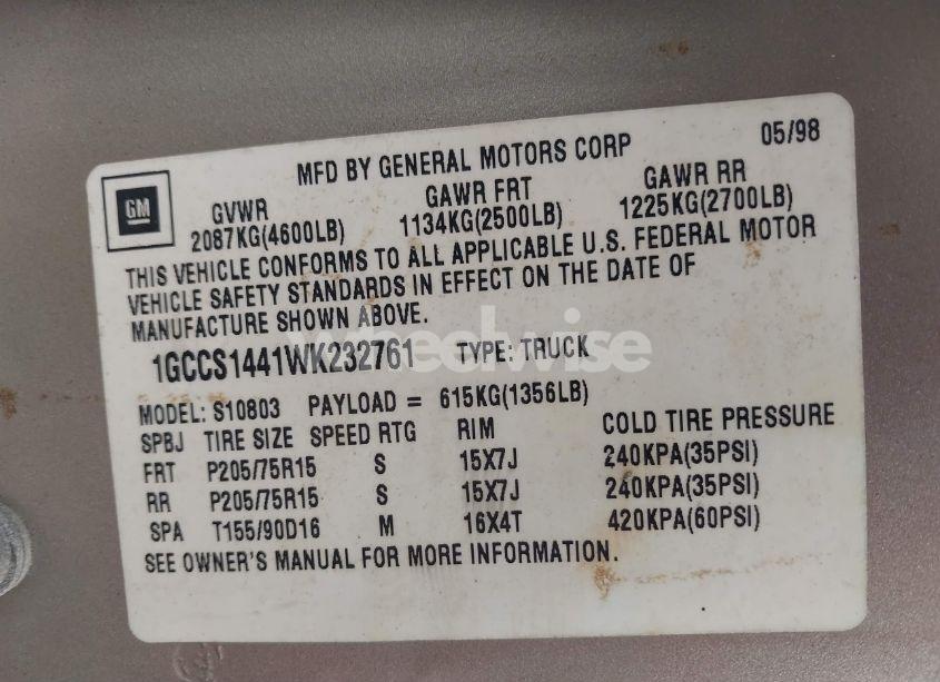 Photo 9 of 1998 Chevrolet S-10 LS FLEETSIDE (VIN 1GCCS1441WK232761)