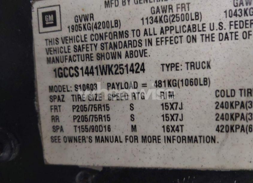 Photo 9 of 1998 Chevrolet S-10 LS FLEETSIDE (VIN 1GCCS1441WK251424)