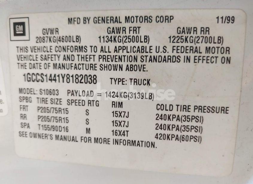Photo 9 of 2000 Chevrolet S-10 LS (VIN 1GCCS1441Y8182038)