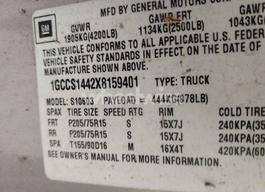 Photo 9 of 1999 Chevrolet S-10 LS (VIN 1GCCS1442X8159401)