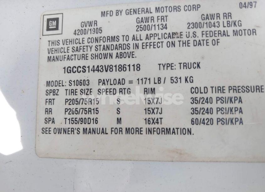 Photo 9 of 1997 Chevrolet S-10 FLEETSIDE (VIN 1GCCS1443V8186118)