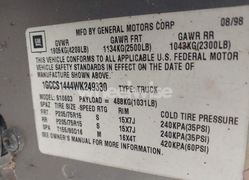 Photo 9 of 1998 Chevrolet S-10 LS FLEETSIDE (VIN 1GCCS1444WK249330)