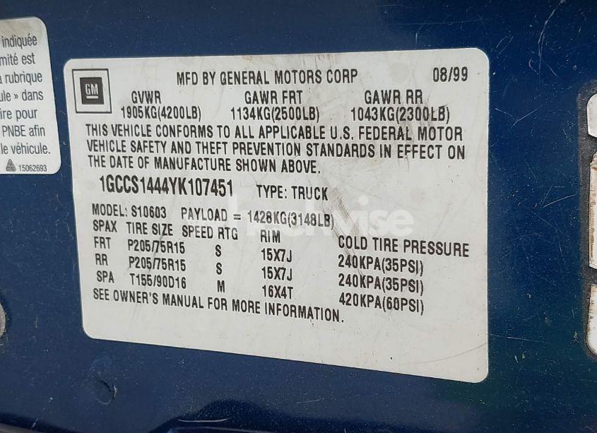 Photo 9 of 2000 Chevrolet S-10 LS (VIN 1GCCS1444YK107451)