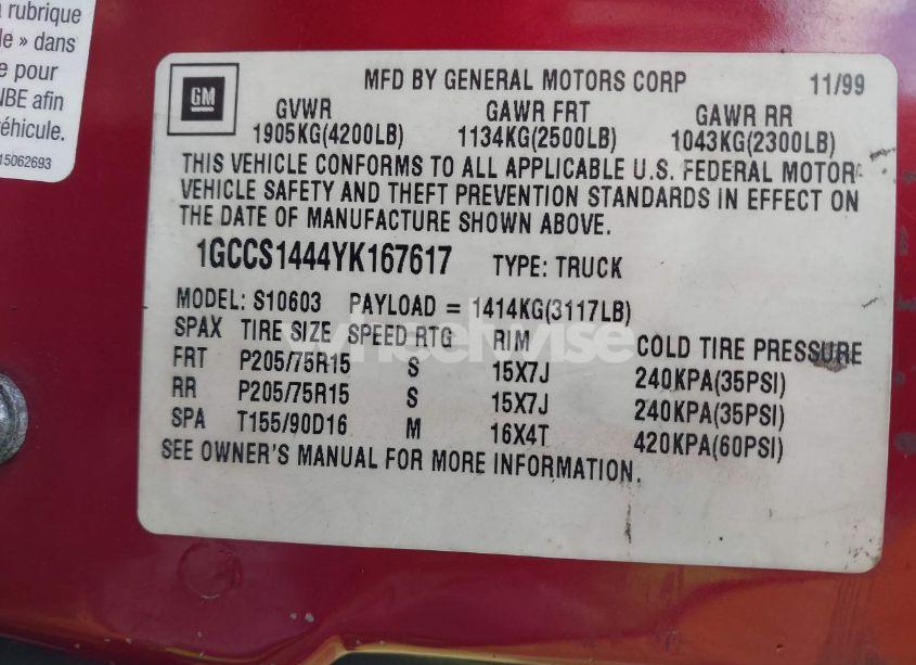 Photo 9 of 2000 Chevrolet S-10 LS (VIN 1GCCS1444YK167617)