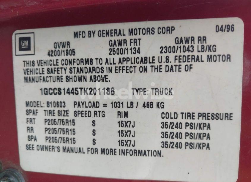 Photo 9 of 1996 Chevrolet S TRUCK S10 (VIN 1GCCS1445TK201136)