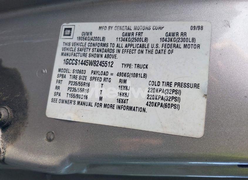 Photo 9 of 1998 Chevrolet S-10 FLEETSIDE (VIN 1GCCS1445W8245512)