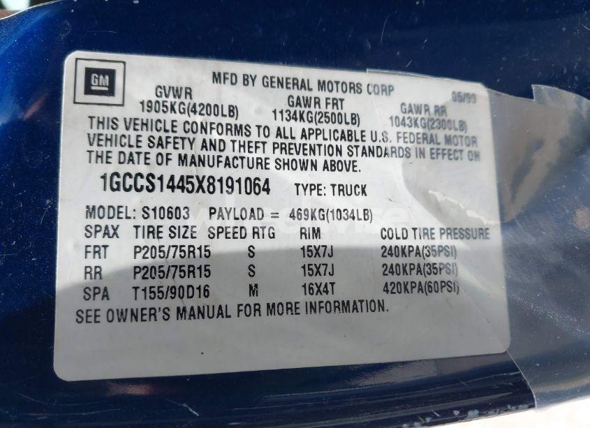 Photo 9 of 1999 Chevrolet S-10 LS (VIN 1GCCS1445X8191064)